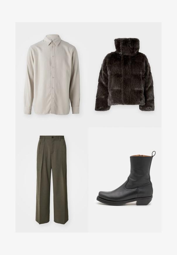 Dark grey faux fur jacket featuring a high collar, quilted design, and textured fabric. The sleeves are slightly loose and padded.; Beige long-sleeve shirt made from soft fabric, featuring a button-down front, classic collar, and cuffs with rounded edges.; Filippa K WIDE TROUSERS - Trousers - driftwood; Black leather ankle boot with a smooth texture, slim profile, side stitching, and a low square heel. Features a pull tab at the back.