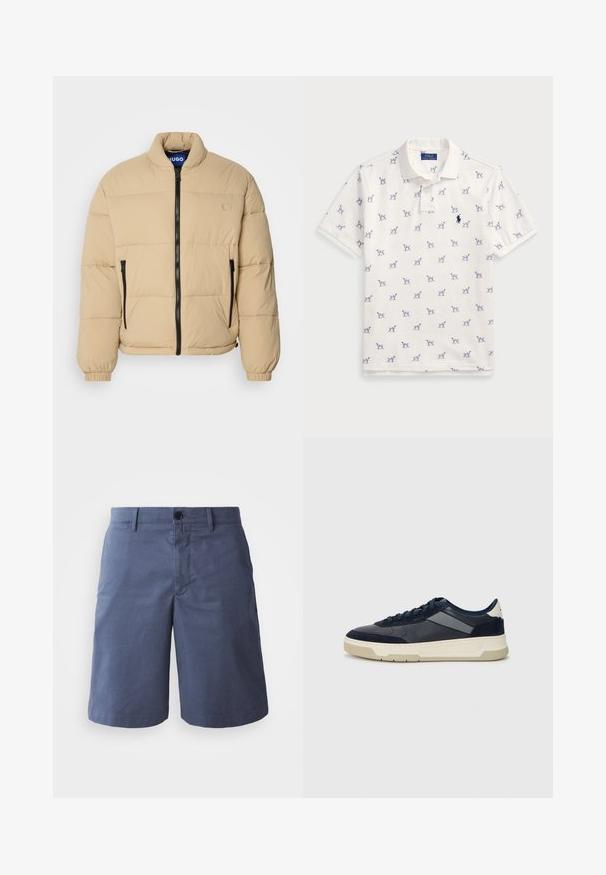 Bežna napihnjena jakna s visokim ovratnikom, zadrgo spredaj in dvema žepoma z zadrgo. Ima prešito vzorčenje in elastične manšete. Logotip je na prsih.; Bela polo majica iz bombaža, ki vsebuje ponovljen modri vzorec psov in majhen modri logotip na prsih. Kratki rokavi in ovratnik.; Morsko modri bombažni šortsi s ravnim sprednjim delom, zapiranjem na en gumb, dvema stranskima žepoma in ravnim krojem. Gladka tekstura, brez vidnih vzorcev.; BOSS BALTIMORE - Športni copati - open blue