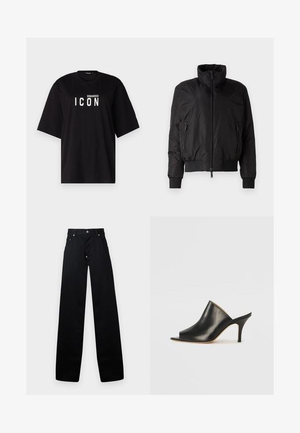 Čierna prešívaná bunda s vysokým golierom, predným zipsom a dvoma bočnými vreckami na zips. Má elastické rukávy a skrátený strih.; DSQUARED2 ICON TEE - Tričko s potlačou - black; Čierne široké nohavice z bavlny, s bočným zipsom, dvoma prednými vreckami a klasickým päťvreckovým dizajnom s kovovými akcentmi.; Čierne kožené otvorené muly s elegantným, zakriveným dizajnom, vysokým stiletto opätkom a hladkou textúrou. Interiér má kontrastnú svetlú farbu.