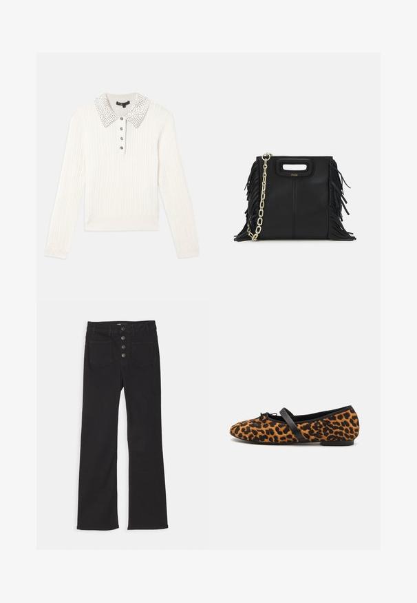 Donkerbruin cropped jack met lange mouwen, knoopsluiting aan de voorkant en manchetknopen, en twee zakken met kleppen en knopen op de borst.; Witte kabelgebreide trui met lange mouwen en een met parels versierde kraag, en vier zwarte decoratieve knopen op de voorkant.; Zwarte denim flared jeans met een hoge taille, vijf zakken en een sluiting met een voorkant met vier metalen knopen.; Leopardprint balletschoenen met zwarte accenten, voorzien van een ronde teen, een platte zool en een decoratieve strik aan de voorkant. Zachte textuur.; Zwarte leren handtas met franjes, gouden schouderband van schakels en een uitsnijding in de handgreep. Heeft het logo prominent aan de voorkant.