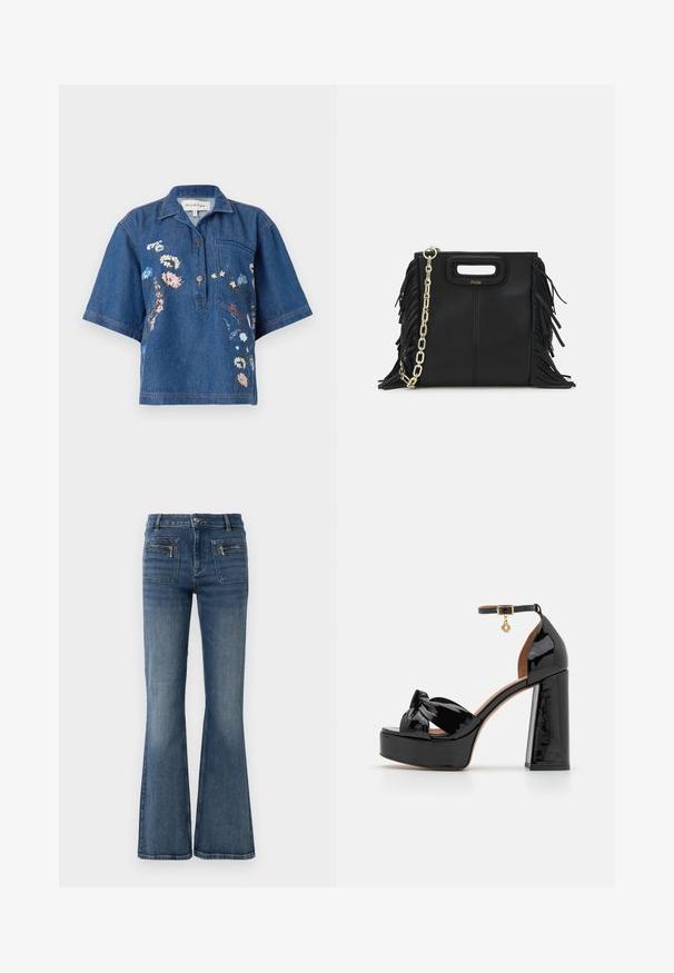 Tmavohnedá skrátená bunda s dlhými rukávmi, predným zapínaním na gombíky a manžetami, a dvoma náprsními vreckami s gombíkmi.; Denim košeľa s krátkym rukávom a golierom; obsahuje kvetinovú výšivku v ružovej, modrej a bielej farbe; má jednu náprsné vrecko a detail na gombíkoch.; Modré rifľové nohavice s rozšírenými nohavicami a stredne vysokým pásom, s prednými a zadnými vreckami a jemným vyblednutím.; Maje Sandále na vysokom opätku - noir; Čierna kožená kabelka s strapcami, zlatým reťazovým ramenným popruhom a vykrojenou rukoväťou. Na prednej strane sa nachádza logo.