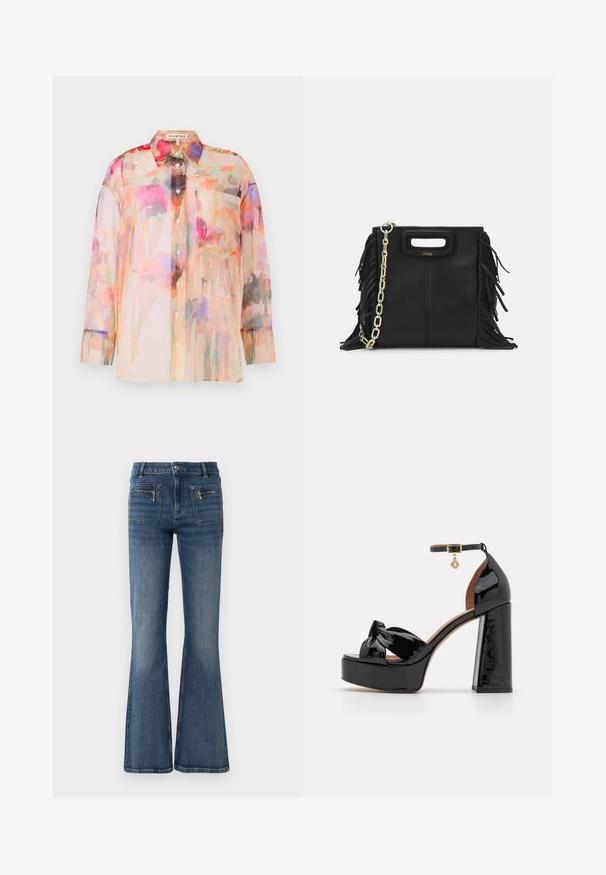 Tmavě hnědá zkrácená bunda s dlouhými rukávy, zapínáním na knoflíky vpředu a na manžetách, a dvěma klopovými kapsami s knoflíky na hrudi.; Průhledná blůza s dlouhým rukávem v pastelových barvách s květinovým akvarelovým vzorem, vybavená límečkem, předními knoflíky a náprsní kapsou.; Rozšířené modré džíny z denimu s středním pasem, obsahující přední a zadní kapsy a jemně zesvětlený vzhled.; Maje Sandály na vysokém podpatku - noir; Černá kožená kabelka s třásněmi, zlatým řetízkovým ramenním popruhem a rukojetí s výřezem. Na přední straně se nachází logo.