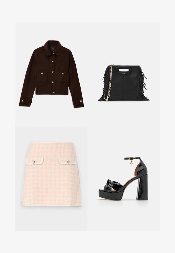 Tmavě hnědá zkrácená bunda s dlouhými rukávy, zapínáním na knoflíky vpředu a na manžetách, a dvěma klopovými kapsami s knoflíky na hrudi.; Šedé pletené polo tričko s krátkými rukávy, žeberkovou strukturou a dekorativním korálkovým límcem. Obsahuje tři knoflíky vpředu.; Vlněná mini sukně v růžovo-krémovém kostkovaném vzoru, s dvěma předními kapsami s dekorativními knoflíky a třásněmi na lemu.; Maje Sandály na vysokém podpatku - noir; Černá kožená kabelka s třásněmi, zlatým řetízkovým ramenním popruhem a rukojetí s výřezem. Na přední straně se nachází logo.