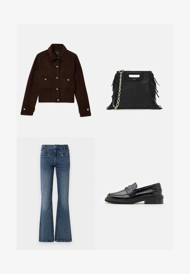 Dark brown cropped jacket with long sleeves, buttoned front and cuffs, and two flap pockets with buttons on the chest.; Gray knitted polo shirt with short sleeves, ribbed texture, and a decorative beaded collar. Features three buttons on the front.; Flared blue denim jeans with a mid-rise waist, featuring front and back pockets and a subtle faded wash.; Black patent leather loafer with a smooth finish, a stitched detailing at the front, and a low block heel for support. Gold accent on the strap.; Black leather handbag with fringe details, gold chain shoulder strap, and a cut-out handle. Features logo placement on the front.