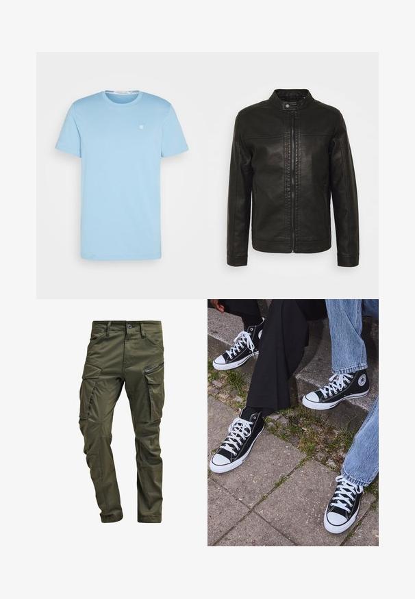 Jachetă din piele neagră, cu guler în picioare, fermoar pe întreaga lungime a frontului și două buzunare laterale. Textură netedă cu detalii de cusătură minime.; Calvin Klein Jeans EMBRO BADGE - Tricou basic - dusk blue; Pantaloni cargo de culoare verde măsliniu, realizați din bumbac rezistent. Prezintă mai multe buzunare, un buzunar lateral cu fermoar și picioare tapered cu un finisaj ușor texturat.; Sneakers negre din pânză până la glezne cu tălpi și șireturi albe, având un logo circular pe lateral și purtate cu blugi și pantaloni negri.