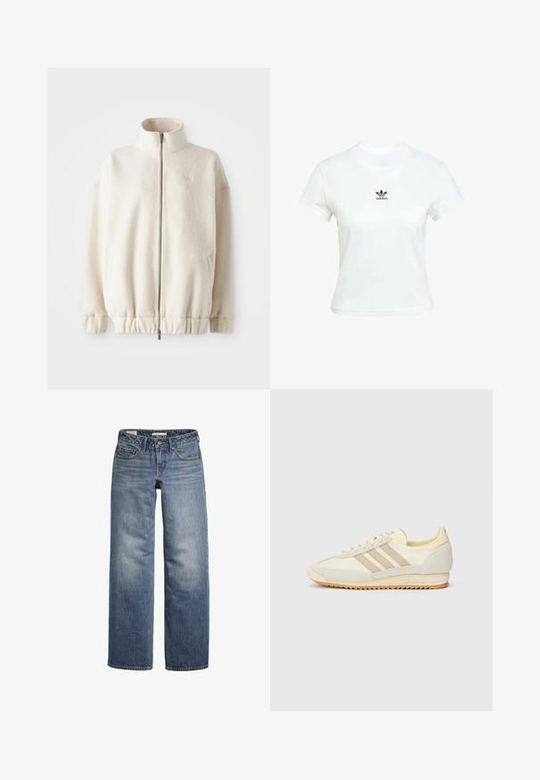 Katoenen fleece jack met ritssluiting in crème, met een hoge kraag, ribgebreide manchetten, elastische zoom en zijzakken. Subtiele logo op de borst.; Witte katoenen T-shirt met korte mouwen en een ronde hals. Voorzien van een zwart Adidas-logo op de borst. Eenvoudig, minimalistisch ontwerp.; Lichtblauwe, wijde spijkerbroek van denim. Beschikt over vijf zakken, een knoopsluiting en een vervaagde wassing met een gladde textuur.; Crème sport sneaker met drie beige strepen, suède en textielmaterialen, een gestructureerde zool en geperst logo op de hiel.