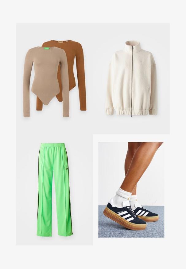 Kreminė pūkinė užtraukiama striukė su aukštu apykakle, sutepta rankogaliais, elastingu apvadu ir šoninėmis kišenėmis. Subtilus logotipas ant krūtinės.; Du du ilgi rankoviai priglundantys kūno kostiumai su apvaliais kaklais, vienas bežinis, o kitas rudas, išdėstyti persidengiantys ant balto fono.; Žalios sportinės kelnės, pagamintos iš lygaus, lengvo medžiagos, su juodomis šoninėmis juostelėmis ir išsiuvinėtu logotipu priekyje.; Juodi zomšiniai sportbačiai su baltais dryžiais ir akcentais, apvalios nosies, guminio, gumos pado, derinami su baltais raitytais vidutinio ilgio kojinaitėmis.