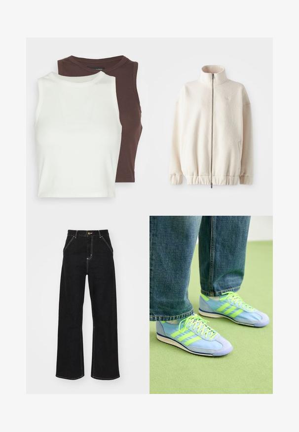 Jachetă din fleece cu fermoar, de culoare crem, având un guler înalt, manșete ribbate, tiv elastic și buzunare laterale. Logo subtil pe piept.; Două bluze cu dungi, fără mâneci, în alb și maro închis. Ambele au un guler înalt și un material moale, elastic, ideal pentru stratificare.; Jeans negri, cu pantaloni evazați, din denim, caracterizându-se prin cusături albe contrastante și închidere cu un nasture în față, având două buzunare frontale înclinate.; Pantofi sport de culoare albastru deschis cu accente verzi, din material din piele întoarsă și sintetic, având trei dungi și o talpă texturată. Asortați cu pantaloni din denim lejeri.