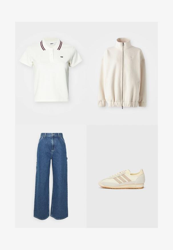 Casaco de fleece com fecho em creme, apresentando um colarinho alto, punhos canelados, bainha elástica e bolsos laterais. Logótipo discreto no peito.; Camisa polo branca com colarinho riscado em bordô, botão frontal, mangas curtas e um tecido texturado. Apresenta um pequeno logótipo no peito.; Calças de ganga azuis de perna larga com cintura alta, costuras em contraste e bolsos laterais, apresentando um design clássico de cinco bolsos e bainhas desfiadas.; Sapatilha atlética creme com três riscas bege, materiais em camurça e tecido, sola texturizada e logo em relevo no calcanhar.