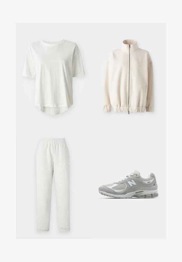 Fleece jakke med glidelås i kremfarge, med høy krage, ribbestrikkede mansjetter, elastisk kant og sidelommer. Diskret logo på brystet.; Hvit kortermet t-skjorte, rund hals, lett materiale, litt lengre bakre søm, glatt tekstur med en subtil glans.; Lys grå joggebukser med elastisk midje, smalnende ben og ribbestrikkede mansjetter. Laget av et mykt og teksturert stoff. Hvit logo detalj på siden.; Lysegrå New Balance 2002R sneakers har en overdel i semsket skinn og mesh, hvite detaljer, polstret såle og synlig dempingsteknologi.