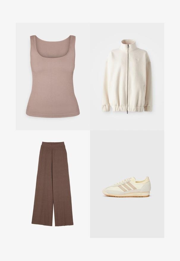 Fleece mikina na zips v krémovej farbe, s vysokým golierom, rebrovanými manžetami, elastickým spodným okrajom a bočnými vreckami. Diskrétny logo na hrudi.; Hladký béžový tielko s jemným ribovaním, s hranatým výstrihom a bez rukávov. Materiál má hladkú textúru a priliehavý strih.; Široké nohavice vyrobené z texturovanej, rebrovanej tkaniny v teplej hnedej farbe. Disponujú bezšvíkovým pásom a splývavým strihom.; Krémové športové tenisky s tromi béžovými pruhmi, z kombinácie semišu a textilného materiálu, so štruktúrovanou podrážkou a reliéfne navrhnutým logom na päte.
