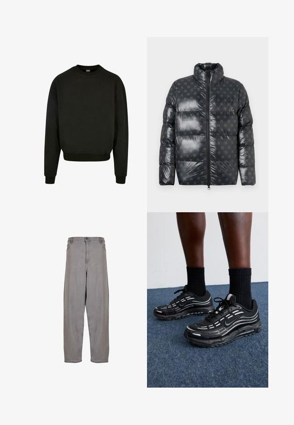 Prsluk od puf jake u sjajnom tamnosivom materijalu s visokim ovratnikom, koji sadrži suptilan uzorak s logotipom po cijeloj površini i punim prednjim zatvaračem.; Crni dukserica s okruglim izrezom, izrađena od pamučne kombinacije, s dugim rukavima i rebrastim manžetama i rubom. Jednostavan, jednobojan dizajn.; Sive traperice s visokim strukom, širokim nogavicama, prednjim zatvaračem i kopčanjem na dugme. Glatka tekstura s minimalističkim dizajnom.; Crne Nike tenisice imaju gornji dio od mrežaste tkanine s naglasnim prugama, teksturiranim vezicama i crnom gumenom potplatom. Nosedne su s crnim rebrastim čarapama.