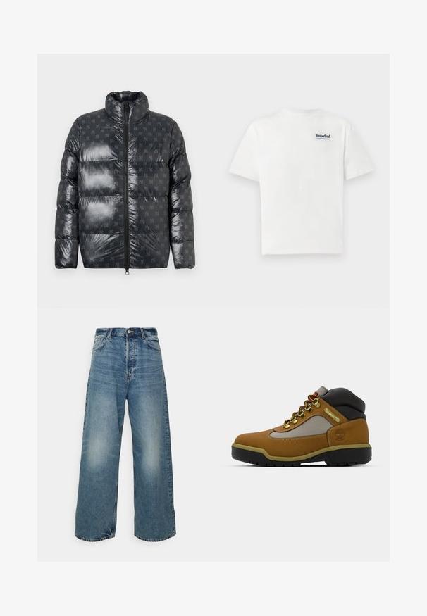 Läikiv tumehall puffer-jakk, millel on kõrge kaelus, peene kõigi üle logo mustriga ja täispikk edelilukk.; Valge puuvillane T-särk, millel on sinine tikand "Timberland Rugged Active Gear" logo vasakul rinnal. Lühikesed varrukad ja ümmargune kaelus.; Weekday ASTRO LOOSE BAGGY - Baggy fit teksad - seventeen blue; Pruun matkajalats, millel on halli ja musta aktsentidega, tekstuuriga nahast ülemine osa, metallist silmad ja robustne kummist tald haardevuseks.