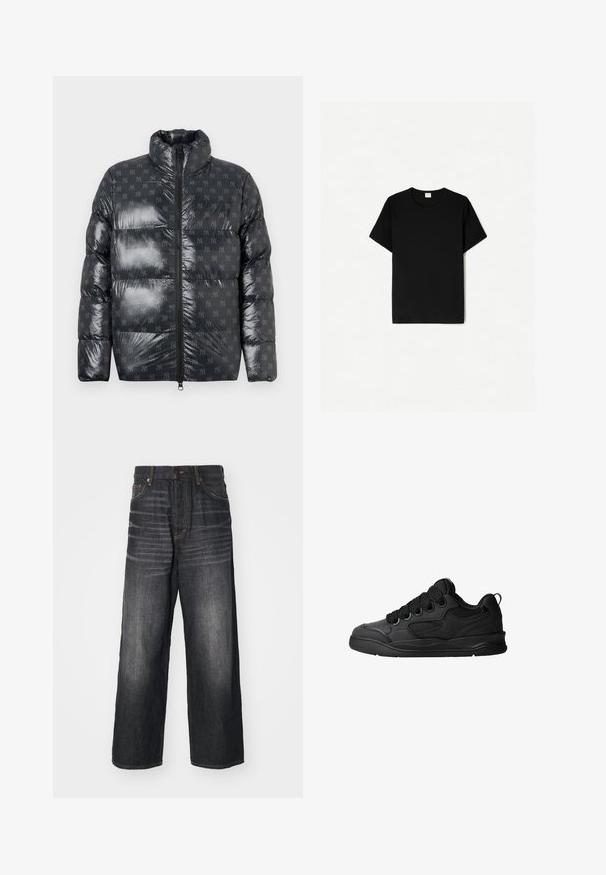 Puffersjakke i et glansfuldt mørkegråt materiale med høj krave, der har et diskret logo mønster over hele og en fuld frontlynlås.; Sort kortærmet t-shirt med rund hals, lavet af blødt bomuldsstof, med en glat tekstur og uden synlige mønstre eller detaljer.; Weekday ASTRO LOOSE BAGGY - Baggy jeans - ash black; Sorte sneakers med en struktureret overdel, som har snørebånd, meshdetaljer for åndbarhed, polstret krave og en robust ydersål.