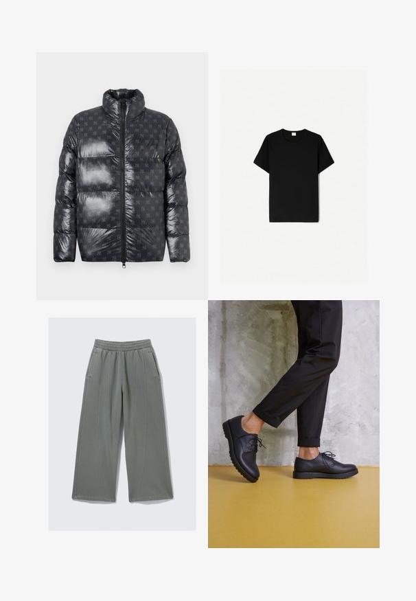 Pufferjack in een glanzend donkergrijs materiaal met een hoge kraag, voorzien van een subtiel logo patroon over het hele oppervlak en een volledige rits aan de voorkant.; Zwarte korte mouwen t-shirt, met een ronde halsontwerp, gemaakt van zacht katoen, met een gladde textuur en zonder zichtbare patronen of accenten.; Lichtgrijze wijde broek van zacht materiaal, voorzien van een elastische tailleband en twee zijzakken, met zichtbare stikdetails.; Zwart leren veterschoenen met een ronde neus, gestructureerd oppervlak en dikke rubberen zool. Gekocht met opgerolde zwarte broeken tegen een betonnen achtergrond.