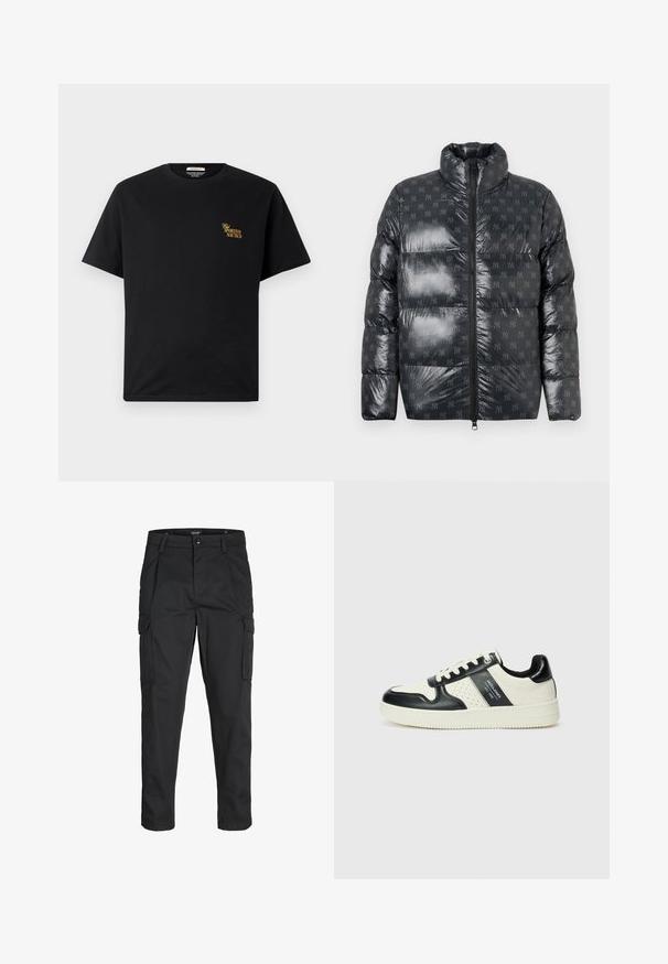 Puffer jacket in a glossy dark gray material with a high collar, featuring a subtle all-over logo pattern and full front zipper.; Black cotton t-shirt with a crew neckline and short sleeves. Features gold "Sportivo Nautico" text on the left chest. Simple design.; Black cargo pants made of sturdy fabric, featuring multiple pockets, a button closure, and a slim fit design with tapered legs.; Leather sneakers with a black and cream color scheme, featuring perforated accents, a padded collar, and a textured outsole.