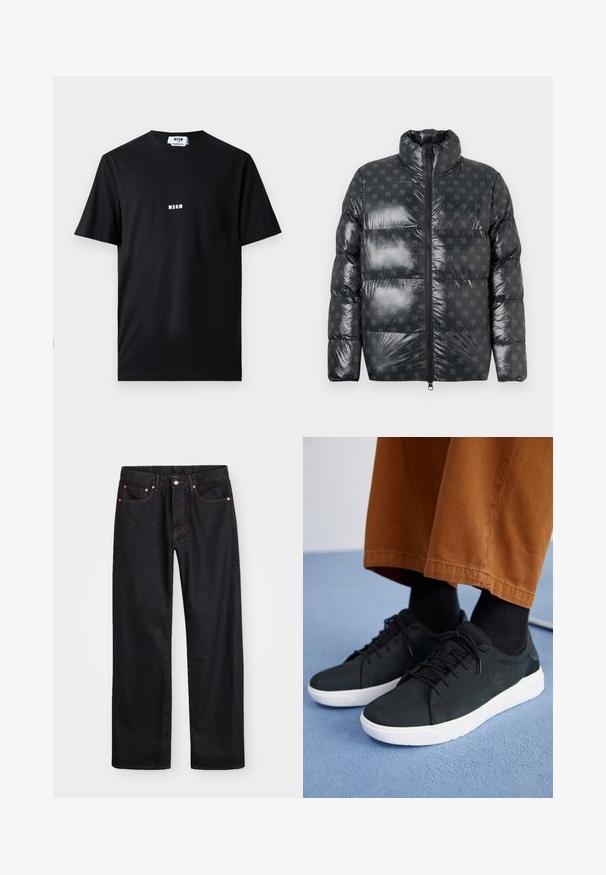 En foret jakke i et glansete mørkegrått materiale med høy krage, med et subtilt helhetlig logomønster og full frontlås.; Svart bomulls t-skjorte med rund hals og korte ermer. Forsiden viser den hvite "MSGM"-logoen i midten. Glatt tekstur, standard passform.; Men's straight-leg svarte denim jeans med fem lommer og oransje søm, knapp og glidelås lukking foran på midjen.; Svarte semskede sneakers med hvite gummisåler, med snøring, teksturerte detaljer og subtil branding, sammen med brune bukser.
