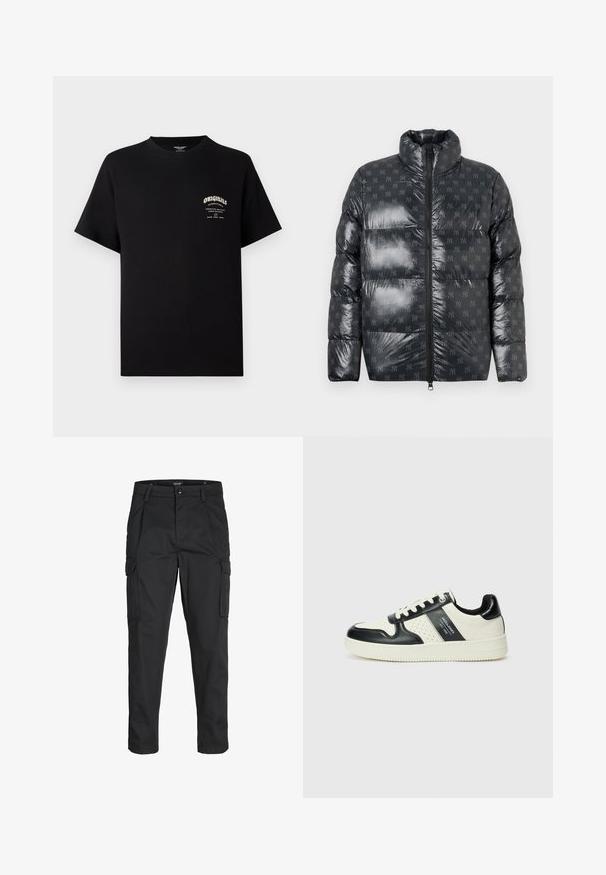 Bunda so zateplením v lesklom tmavošedém materiáli s vysokým golierom, s jemným vzorom loga po celom povrchu a plným predným zipsom.; Čierne bavlnené tričko s krátkymi rukávmi, okrúhlym výstrihom a malou grafickou potlačou na ľavej hrudi, na ktorej je slovo "ORIGINALS."; Čierne cargo nohavice z odolnej látky, s viacerými vreckami, gombíkovým zapínaním a úzkym strihom so zúženými nohavicami.; Kožené tenisky v čierno-krémovej farbe, s perforovanými akcentmi, polstrovaným golierom a štruktúrovanou podrážkou.