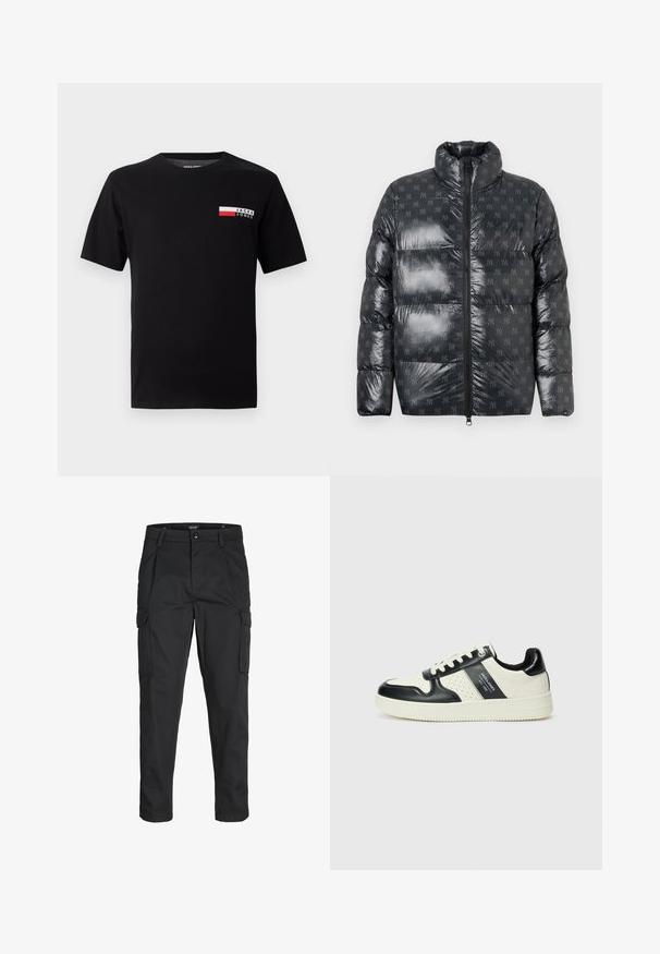 Puhasta jakna iz sijočega temnosivega materiala z visokim ovratnikom, ki ima subtilen vzorec logotipa po celotni površini in poln sprednji zadrgo.; Črna bombažna majica s kratkimi rokavi, ki prikazuje majhen logotip in pravokotni barvni blok v rdeči in beli barvi na levem predelu prsnega koša.; Črne cargo hlače iz trdnega blaga, ki imajo več žepov, gumbasto zapiranje in ozek kroj z zožanimi nogami.; Usnjeni športni čevlji z črno in krem barvno shemo, ki vključujejo perforirane dodatke, podložen ovratnik in strukturirano podplat.