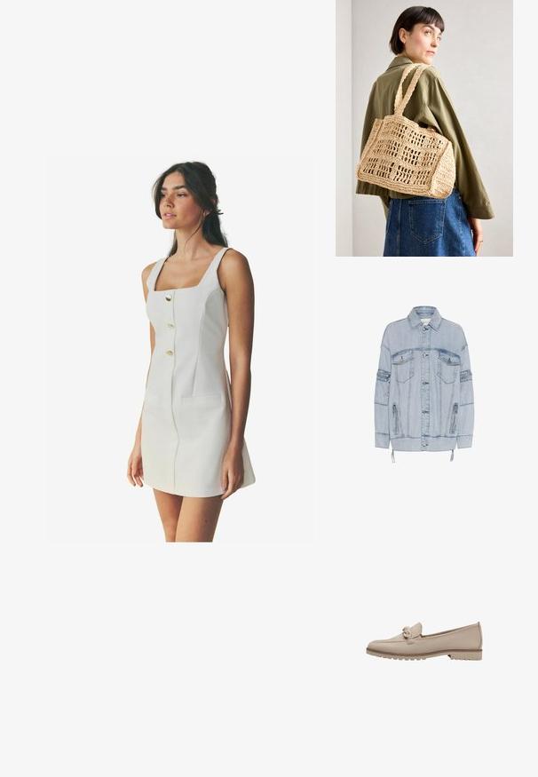 Hellblaues Denim-Jacket mit lockerer Passform, vier vorderen Taschen, silbernen Beschlägen und Reißverschluss-Seitendetails. Verfügt über einen Kordelzugsaum und Nähte.; Weißes Kleid mit quadratischem Ausschnitt, vier goldenen Knöpfen und zwei vorderen Taschen. Hat eine taillierte Silhouette und einen ausgestellten Saum. Glatte Textur.; Beige Lederloafer mit einer gesteppten Naht und einem dekorativen Knoten auf dem Vorderblatt. Verfügt über eine strukturierte Gummisohle für Grip und leichte Dämpfung.; Helle, gewebte Häkelhandtasche in rechteckiger Form, mit zwei breiten Griffen und einem offenen Gittermuster. Das Design zeichnet sich durch einen strukturierten Stoff und ein geräumiges Innenleben aus.
