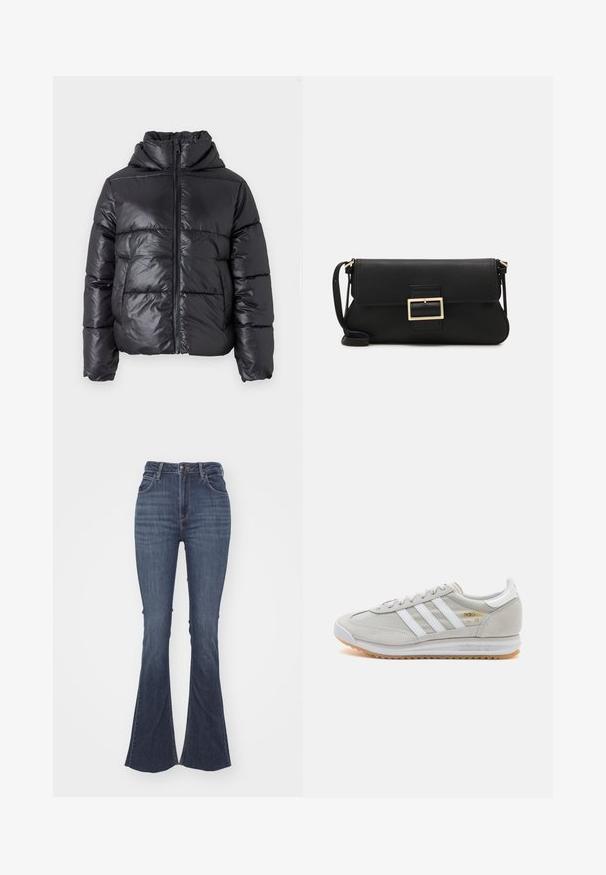 Black puffer jacket with a shiny finish, zip front, and high collar. Features horizontal quilted pattern and elastic cuffs.; Off-the-shoulder, long-sleeve sweater in olive green, crafted from soft, textured fabric with a ribbed neckline and smooth body.; High-waisted dark blue flared jeans made from denim, featuring a front button closure, five pockets, and a smooth, textured finish.; Light grey sneaker made of suede and mesh, featuring three white stripes, round toe, and a gum rubber sole. Gold logo accent near laces.; Black leather clutch bag with a flap and a gold metal buckle detail. Includes a black strap and a sleek, minimalist design.; Gold-colored hoop earrings, thin and round in shape, with a smooth metallic finish and no embellishments or patterns.