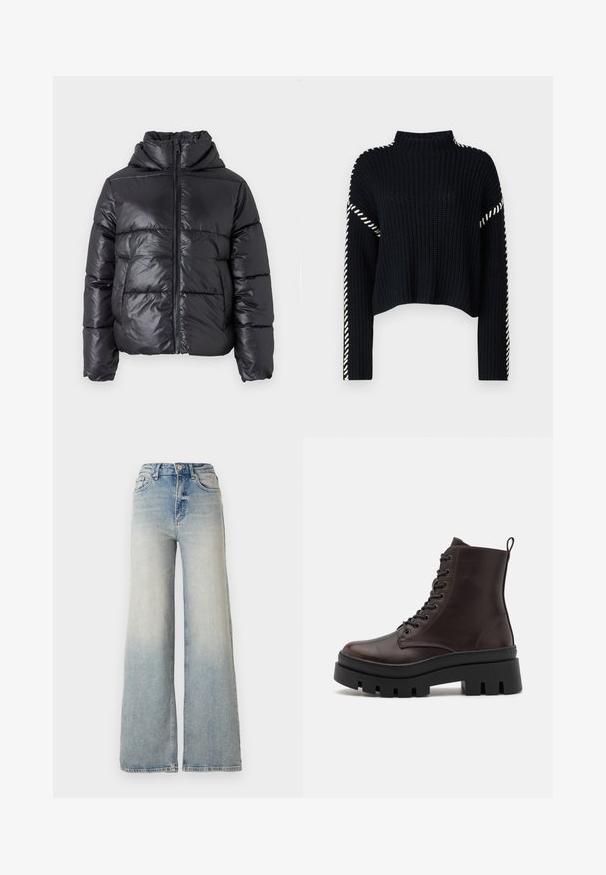 Giacca a vento nera con finitura lucida, chiusura frontale con zip e colletto alto. Presenta un motivo trapuntato orizzontale e polsini elastici.; Vero Moda VMNEWCREAM FUNNELNECK PULLOVER - Maglione - black/birch; Jeans ampi di colore blu chiaro in denim, con vita alta, cinque tasche e cuciture visibili lungo le cuciture.; Stivali alla caviglia in pelle marrone con punta rotonda, suola nera spessa e dettagli con lacci. Presentano un anello sul retro per indossarli facilmente.
