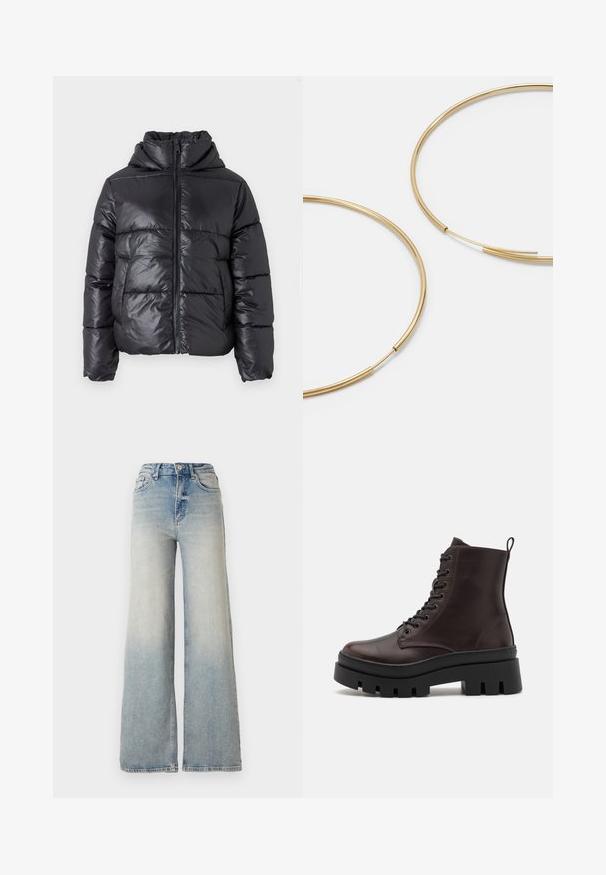 Chaqueta de plumas negra con un acabado brillante, cierre con cremallera en la parte delantera y cuello alto. Presenta un patrón de acolchado horizontal y puños elásticos.; Vero Moda VMNEWCREAM FUNNELNECK PULLOVER - Jersey de punto - black/birch; Jeans de mezclilla de tiro alto y pierna ancha en color azul claro, con cinco bolsillos y costuras visibles a lo largo de las costuras.; Botas de cuero marrón hasta el tobillo con punta redondeada, suela negra gruesa y detalles de cordones. Presenta un lazo trasero para facilitar su uso.; Pendientes de aro color dorado, delgados y redondos, con un acabado metálico suave y sin adornos ni patrones.