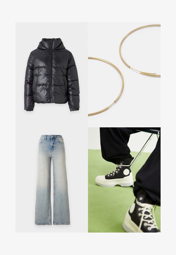 Schwarze Pufferjacke mit glänzender Oberfläche, Reißverschluss vorne und hohem Kragen. Mit horizontalem Steppmuster und elastischen Bündchen.; Vero Moda VMNEWCREAM FUNNELNECK PULLOVER - Strickpullover - black/birch; Hellblaue weit geschnittene Jeans aus Denim, mit hoher Taille, fünf Taschen und sichtbaren Nähten entlang der Säume.; Converse CHUCK TAYLOR ALL STAR LUGGED 2.0 PLATFORM COUNTER CLIMATE EXTRA HIGH - Schnürstiefelette - black/egret; Goldfarbene Ohrringe in Form von dünnen, runden Kreolen, mit einer glatten, metallischen Oberfläche und ohne Verzierungen oder Muster.