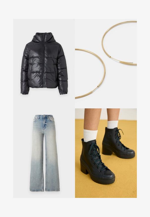 Črna napihnjena jakna s sijočim zaključkom, z zadrgo na sprednji strani in visokim ovratnikom. Ima horizontalni quilted vzorec in elastične manšete.; Vero Moda VMNEWCREAM FUNNELNECK PULLOVER - Pulover - black/birch; Svijetloplave široke traperice s visokim strukom, koje imaju pet džepova i vidljivo šivanje uz šavove.; Črne visokotopične športne copate z teksturiranim zaključkom, z vezalkami, gumijastim zaščitnikom za prste in debelimi petami, oblečene z belimi rebrastimi nogavicami do gležnjev.; Zlate obroče ušesne uhane, tanke in krožne oblike, z gladko kovinsko površino brez okrasnih elementov ali vzorcev.