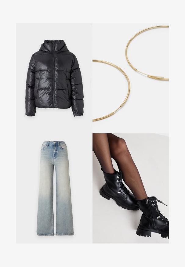 Crna puf jakna s sjajnim završetkom, zatvaranje na zip, i visokim ovratnikom. Ima horizontalni kvadratni uzorak i elastične manžete.; Vero Moda VMNEWCREAM FUNNELNECK PULLOVER - Vesta - black/birch; Svijetloplave široke traperice od denima, s visokim strukom, pet džepova i vidljivim šavovima duž šavova.; Even&Odd Wide Fit Gležnjače s vezicama - black; Zlatne kružne naušnice, tanke i okrugle, s glatkom metalnom površinom bez ukrasa ili uzoraka.