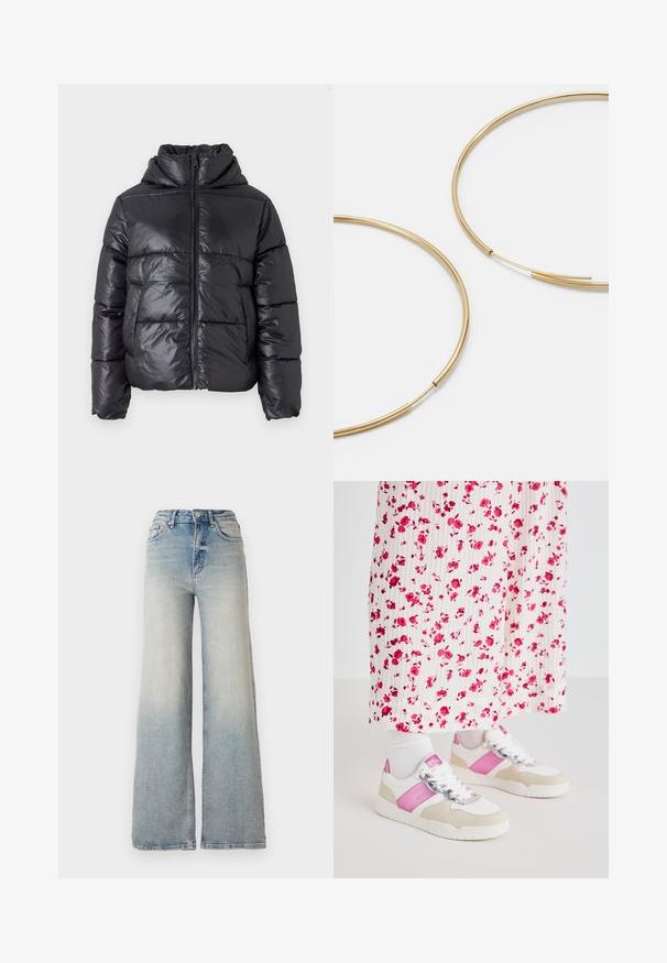 Musta toppatakki kiiltävässä pinnassa, vetoketjukiinnitys edessä ja korkea kaulus. Ominaisuuksiin kuuluvat vaakasuora tikkauskuvio ja joustavat hihansuut.; Vero Moda VMNEWCREAM FUNNELNECK PULLOVER - Neule - black/birch; Vaaleansiniset leveälahkeiset farkut, joissa on korkea vyötärö, viisi taskua ja näkyvät ompeleet saumoissa.; Valkoiset ja vaaleanpunaiset tennarit, joissa on harmaa mokkanahka-akseli, kiiltävät nauhat ja vaaleanpunainen sivupaneeli, yhdistettynä pitkään kukkakuosiseseen laskoshameeseen.; Kultaiset rengaskorvakorut, ohuet ja pyöreät, joissa on sileä metallipinta ilman koristeluja tai kuvioita.