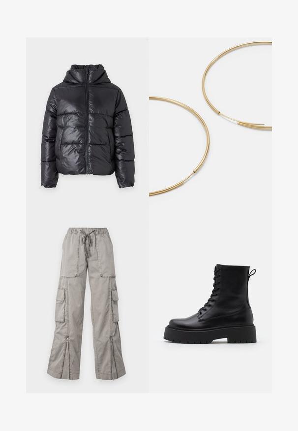 Svart pufferjacka med en glansig yta, dragkedja fram och hög krage. Har horisontell quiltad mönstring och elastiska muddproppar.; Vero Moda VMNEWCREAM FUNNELNECK PULLOVER - Stickad tröja - black/birch; Ljusgrå cargobyxor med elastisk midja, justerbar knytning, flera sidfickor och dragkedjeöppningar nertill. Tillverkade av mjukt, lätt tyg.; Svarta läderankelboots med rund tå, snörning framtill och en tjock gummisula med strukturerat mönster. Dragflik bak.; Guldiga hoopsörhängen, tunna och runda i formen, med en slät metallisk finish utan utsmyckningar eller mönster.