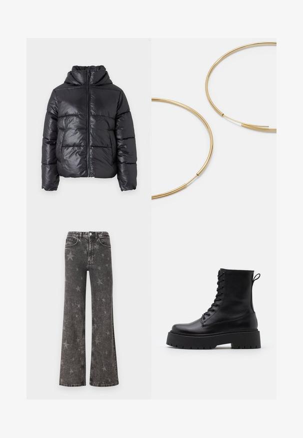 Črna napihnjena jakna s sijočim zaključkom, z zadrgo na sprednji strani in visokim ovratnikom. Ima horizontalni quilted vzorec in elastične manšete.; Vero Moda VMNEWCREAM FUNNELNECK PULLOVER - Pulover - black/birch; Temno modri flared jeans z zbledelim vzorcem zvezd, ki vključujejo pet žepov, zanke za pas in zapiranje spredaj s kavljem.; Črne usnjene gležnjarje z okroglo konico, vezalnim sprednjim delom in debelim gumijastim podplatom z teksturiranim profilom. Zanka na hrbtni strani.; Zlate obroče ušesne uhane, tanke in krožne oblike, z gladko kovinsko površino brez okrasnih elementov ali vzorcev.