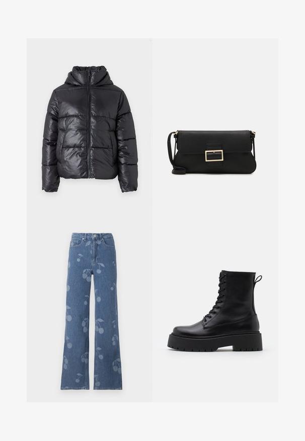 Melna pūkaina jaka ar spīdīgu virsmu, rāvējslēdzēja priekšpusi un augstu apkakli. Iekļauj horizontālu quilted dizainu un elastīgas aproces.; Vero Moda VMNEWCREAM FUNNELNECK PULLOVER - Džemperis - black/birch; Gaiši zili džinsi ar brīvu, platu piegriezumu un izsistu ķiršu ziedu rakstu gaišākā tonī. Klasisks piecu kabatu dizains.; Melni ādas potītēm zābaki ar apļveida purngalu, auklām priekšpusē un biezu gumijas zoli ar teksturētu protektoru. Velkšanas cilpa aizmugurē.; Melnas ādas saķeres soma ar atloku un zelta metāla sprādzi. Ietver melnu siksnu un elegantu, minimālistisku dizainu.; Zelta krāsas auskari gredzena formā, plāni un apaļi, ar gludu metāla apdari un bez rotājumiem vai zīmējumiem.