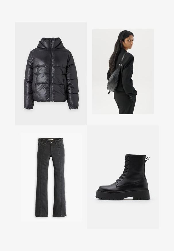 Czarna puchowa kurtka o błyszczącej powierzchni, z zamkiem z przodu i wysokim kołnierzem. Posiada poziomo pikowany wzór oraz elastyczne mankiety.; Vero Moda VMNEWCREAM czarny; Czarne dżinsy w stylu dzwonów z pięcioma kieszeniami, szlufkami na pasek i kontrastowym przeszyciem wzdłuż przednich szwów. Miękka tekstura i standardowa talia.; Czarne skórzane botki za kostkę z okrągłym noskiem, sznurówką z przodu i grubą gumową podeszwą z teksturowanym bieżnikiem. Pętelka do zakładania z tyłu.; Kobieta z długimi ciemnymi włosami, ubrana w czarny garnitur, trzymająca czarną skórzaną torbę na ramię, spoglądająca przez ramię na białym tle.
