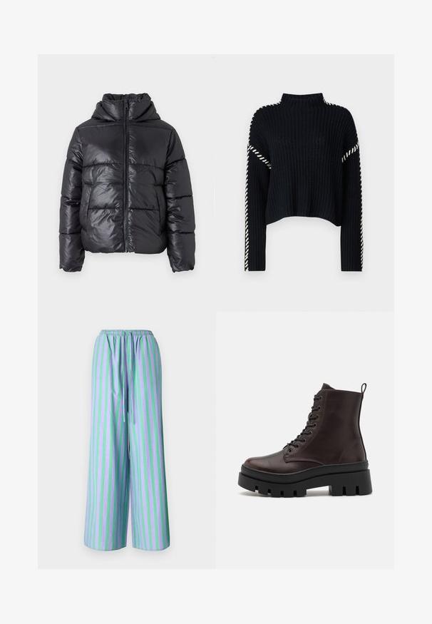 Zwarte pufferjas met een glanzende afwerking, ritssluiting aan de voorkant en hoge kraag. Beschikt over een horizontaal gestikt patroon en elastische manchetten.; Vero Moda VMNEWCREAM FUNNELNECK PULLOVER - Trui - black/birch; Lichte, loszittende broek in paars met groene verticale strepen. Voorzien van een elastische tailleband en een trekkoorddetail.; Bruine leren enkellaarzen met een ronde neus, zwarte dikke zool en vetersluiting. Voorzien van een lus aan de achterkant voor gemakkelijk aantrekken.
