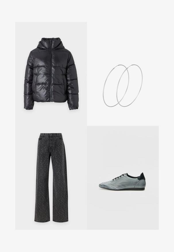 Crna puf jakna s sjajnim završetkom, zatvaranje na zip, i visokim ovratnikom. Ima horizontalni kvadratni uzorak i elastične manžete.; VILA VIPEARL O NECK - Vesta - black; Noisy May NMJANNEL LOOSE - Traperice opuštenog kroja - black denim; Svijetlosive kožne tenisice s elegantnim dizajnom, s prošivenim detaljima, crnim vezicama i tamnim naglaskom na peti. Guma potplat.; Srebrne okrugle naušnice s minimalističkim dizajnom. Kružni oblik, glatka tekstura i tanak profil. Lagane s poliranim završetkom.