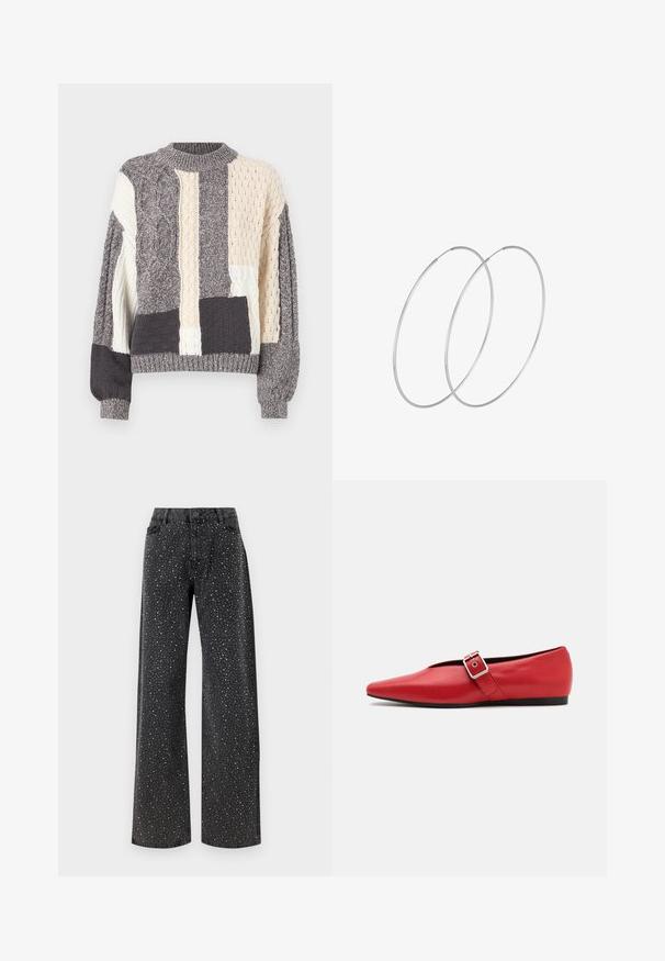 Čierna nadýchaná bunda so lesklým povrchom, na zips vpredu a vysokým golierom. Obsahuje horizontálne prešívaný vzor a elastické manžety.; Sivý a krémový patchwork sveter s rôznymi textúrami copánkového pletenia, okrúhlym výstrihom a rebrovanými manžetami a lemom.; Noisy May NMJANNEL LOOSE - Džínsy voľného strihu - black denim; Červená kožená balerína s špicatou špičkou, vybavená bočným popruhom s kovovou prackou a nízkym čiernym podpätkom. Hladká textura po celom povrchu.; Strieborné kruhové náušnice s minimalistickým dizajnom. Cirkulárny tvar, hladký povrch a tenký profil. Ľahké s lesklým povrchom.