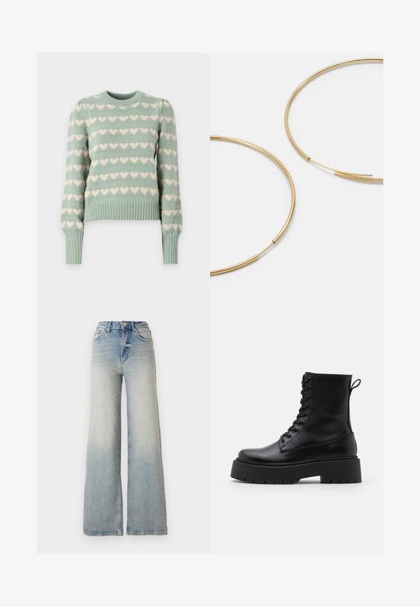 Juodas pūkinis švarkas su blizgiu paviršiumi, su užtrauktuku priekyje ir aukštu apykakle. Yra horizontalių siūlių raštas ir elastingi rankogaliai.; Mėtinės žalios spalvos megztinis su baltais širdies raštais, glotniais rankogaliais ir apačia, apvalia iškirpte ir šiek tiek pūsto tipo rankovėmis.; Šviesiai mėlynus plačius džinsus, pagamintus iš džinsinio audinio, su aukštu liemeniu, penkiomis kišenėmis ir matomais siūlėmis.; Juodos odinės aulinukės su apvalia nosimi, raišteliais priekyje ir storesniu guminio pado apačioje su tekstūruotu raštu. Priekyje yra kilputė.; Aukso spalvos žiedo auskarai, ploni ir apvalūs, su lygiu metaliniu paviršiumi be papuošimų ar raštų.