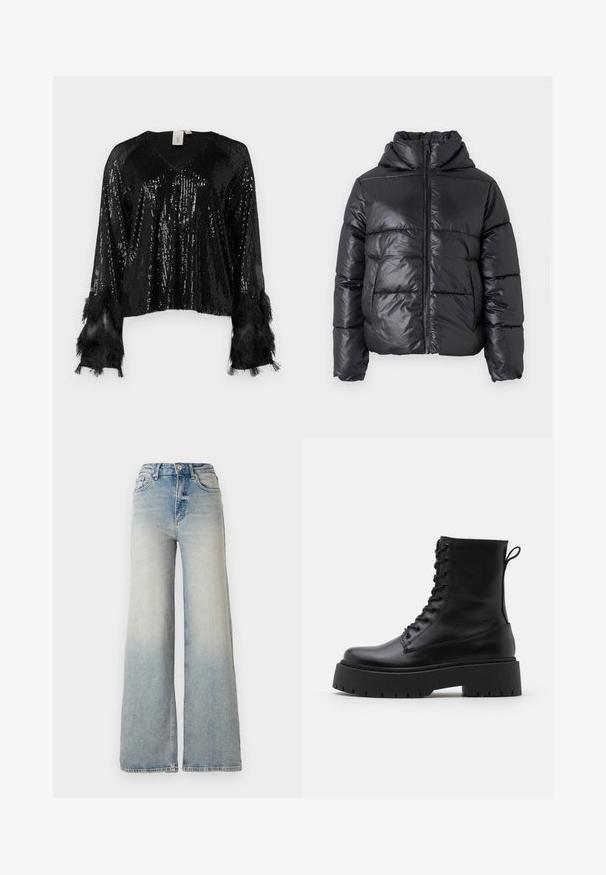 Černá nafouknutá bunda s lesklým povrchem, zipem vpředu a vysokým límcem. Má vodorovný prošívaný vzor a elastické manžety.; Černý top s flitry a výstřihem do V, dlouhé rukávy zdobené černými třásněmi, texturované flitry pokrývající tělo a zkrácený střih.; Světle modré široké džínsy vyrobené z denimu, s vysokým pasem, pěti kapsami a viditelným švem podél švů.; Černé kožené kotníkové boty s kulatou špičkou, šněrováním na přední straně a silnou gumovou podešví s texturovaným vzorkem. S poutkem vzadu.