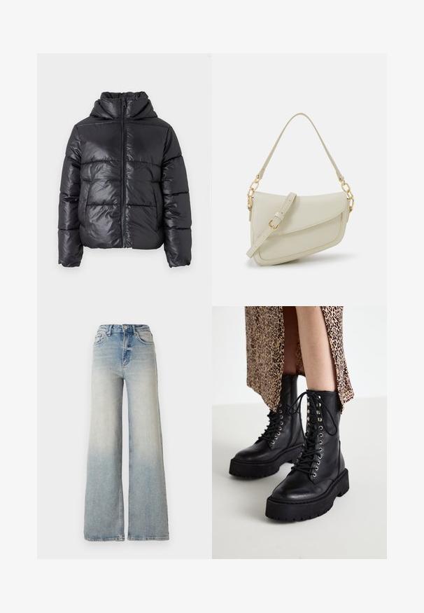 Melna pūkaina jaka ar spīdīgu virsmu, rāvējslēdzēja priekšpusi un augstu apkakli. Iekļauj horizontālu quilted dizainu un elastīgas aproces.; Balta bezpiedurkņu topiņš no ribotā auduma, ar noapaļotu kakla izgriezumu un pieguļošu siluetu, ar minimālām šuvēm un bez rotājumiem.; Gai zilu platā kāja džinsi, kas izgatavoti no denima, ar augstu jostasvietu, piecām kabatām un redzamu dūrienu gar šuvēm.; Melnas ādas kaujas zābaki ar bieziem gumijas zole, mežģīņu priekšpusi un metāliskiem acu caurumiem. Tekstūras āda un kontrastējošs platformas dizains.; Maza krēmkrāsas rokas soma ar teksturētu apdari, garu regulējamu siksniņu, ķēdes akcentu un vāciņa aizdari. Zelta aparatūras detaļas.; Zelta krāsas auskari gredzena formā, plāni un apaļi, ar gludu metāla apdari un bez rotājumiem vai zīmējumiem.
