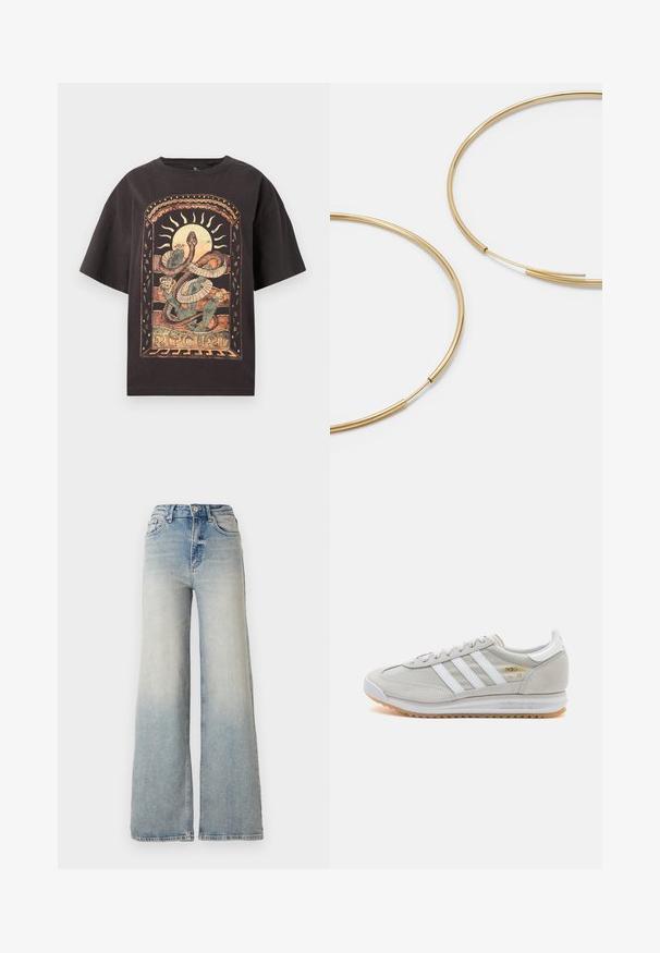 Melna pūkaina jaka ar spīdīgu virsmu, rāvējslēdzēja priekšpusi un augstu apkakli. Iekļauj horizontālu quilted dizainu un elastīgas aproces.; Melna pārmērīga T-kreklu ar krāsainu grafiku, kas attēlo čūsku un ziedu elementus. Apakšā ir teksts "RIPCURL", un tam ir īsas piedurknes.; Gai zilu platā kāja džinsi, kas izgatavoti no denima, ar augstu jostasvietu, piecām kabatām un redzamu dūrienu gar šuvēm.; Gaišpelēka kedas, izgatavotas no zamša un sieta, ar trim baltām svītrām, apaļu purngalu un gumijas zoli. Zelta logo akcenta detaļa blakus auklām.; Zelta krāsas auskari gredzena formā, plāni un apaļi, ar gludu metāla apdari un bez rotājumiem vai zīmējumiem.