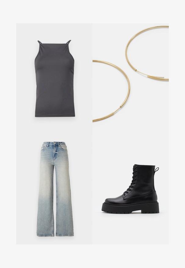 Juodas pūkinis švarkas su blizgiu paviršiumi, su užtrauktuku priekyje ir aukštu apykakle. Yra horizontalių siūlių raštas ir elastingi rankogaliai.; Pilka be rankovių palaidinė, pagaminta iš lygaus, lengvo audinio. Pasižymi plonytėmis petnešėlėmis ir paprastu, prigludusiu dizainu.; Šviesiai mėlynus plačius džinsus, pagamintus iš džinsinio audinio, su aukštu liemeniu, penkiomis kišenėmis ir matomais siūlėmis.; Juodos odinės aulinukės su apvalia nosimi, raišteliais priekyje ir storesniu guminio pado apačioje su tekstūruotu raštu. Priekyje yra kilputė.; Aukso spalvos žiedo auskarai, ploni ir apvalūs, su lygiu metaliniu paviršiumi be papuošimų ar raštų.