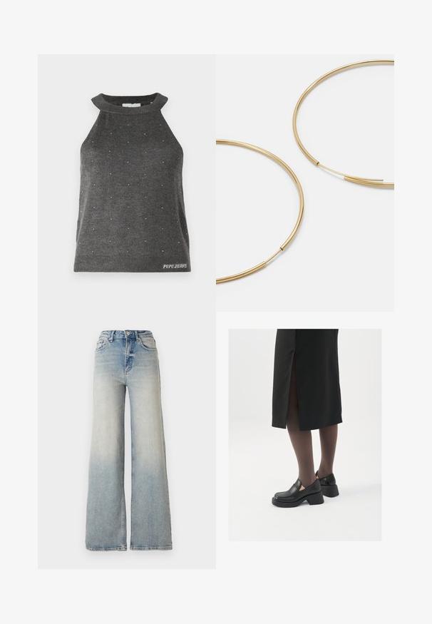 Must mustan värviga puffjakke, millel on läikiv viimistlus, lukuga esikülg ja kõrge krae. Omab horisontaalset tikitud mustrit ja elastseid varrukaotsi.; Hall vest ilma varrukat, kõrge kaelusega, väikeste hõbedaste kaunistustega ja ribakujulise äärega, millel on "Pepe Jeans" logo.; Heledad sinine laia säärega teksapüksid, mis on valmistatud denimist, kõrge vöökoht, viis taskut ja nähtav õmblemine õmbluste ääres.; Mustad mustad jalatsid ümmarguse varbaga, paksu plokkniidi ja elastsete külgdetailidega, kombineeritud tumedate sukkade ja musta lõhikuga seelikuga.; Kulla värvi nõelad, õhukesed ja ümmargused, millel on sile metallist pind ja ilma kaunistuste või mustriteta.