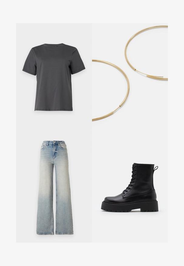 Černá nafouknutá bunda s lesklým povrchem, zipem vpředu a vysokým límcem. Má vodorovný prošívaný vzor a elastické manžety.; Pieces PCRIA FOLD UP SOLID TEE - Jednoduché tričko - magnet; Světle modré široké džínsy vyrobené z denimu, s vysokým pasem, pěti kapsami a viditelným švem podél švů.; Černé kožené kotníkové boty s kulatou špičkou, šněrováním na přední straně a silnou gumovou podešví s texturovaným vzorkem. S poutkem vzadu.; Zlaté kruhové náušnice, tenké a kulaté, s hladkým kovovým povrchem a bez zdobení či vzorů.