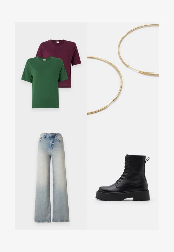 Juodas pūkinis švarkas su blizgiu paviršiumi, su užtrauktuku priekyje ir aukštu apykakle. Yra horizontalių siūlių raštas ir elastingi rankogaliai.; Du dvi trumpomis rankovėmis marškiniai: vieni žali, kiti bordo, pagaminti iš lygaus medvilnės, turintys apvalius kaklus ir paprastus dizainus.; Šviesiai mėlynus plačius džinsus, pagamintus iš džinsinio audinio, su aukštu liemeniu, penkiomis kišenėmis ir matomais siūlėmis.; Juodos odinės aulinukės su apvalia nosimi, raišteliais priekyje ir storesniu guminio pado apačioje su tekstūruotu raštu. Priekyje yra kilputė.; Aukso spalvos žiedo auskarai, ploni ir apvalūs, su lygiu metaliniu paviršiumi be papuošimų ar raštų.