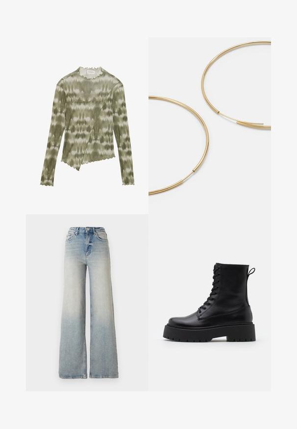 Juodas pūkinis švarkas su blizgiu paviršiumi, su užtrauktuku priekyje ir aukštu apykakle. Yra horizontalių siūlių raštas ir elastingi rankogaliai.; Ilga rankovė, žaliai dažyta viršutinė dalis su skaldyta apykakle ir kraštu. Savybė - įstrižas siūlas su tekstūriniais akcentais iš minkštos, lengvos medžiagos.; Šviesiai mėlynus plačius džinsus, pagamintus iš džinsinio audinio, su aukštu liemeniu, penkiomis kišenėmis ir matomais siūlėmis.; Juodos odinės aulinukės su apvalia nosimi, raišteliais priekyje ir storesniu guminio pado apačioje su tekstūruotu raštu. Priekyje yra kilputė.; Aukso spalvos žiedo auskarai, ploni ir apvalūs, su lygiu metaliniu paviršiumi be papuošimų ar raštų.