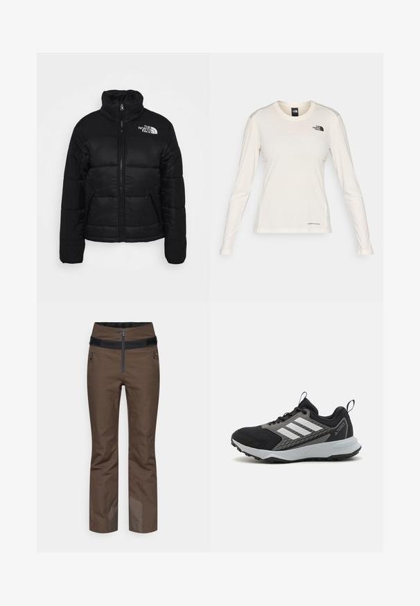 Czarna kurtka puchowa wykonana z pikowanej tkaniny, z wysokim kołnierzem, przednim zamkiem błyskawicznym i kieszeniami na zamek. Logo umieszczone na lewym ramieniu.; The North Face - Bluzka z długim rękawem; Brązowe ocieplane spodnie z wysokim stanem, czarnym zamkiem błyskawicznym, bocznymi kieszeniami oraz wzmocnionymi dolnymi krawędziami dla zwiększenia trwałości.; Czarny but sportowy z szarymi akcentami, z teksturowaną siateczką u góry, trzema białymi paskami i gumową podeszwą zapewniającą przyczepność.