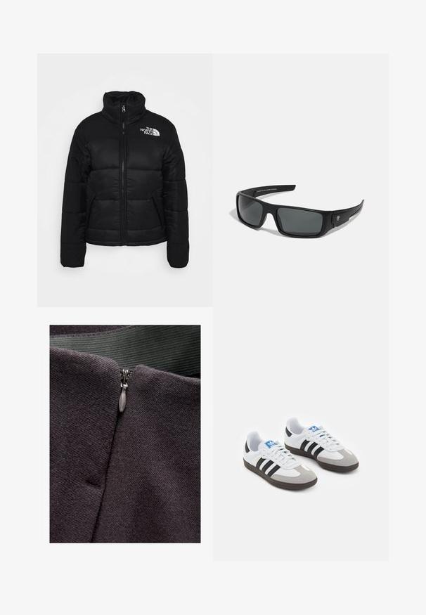 Czarna kurtka puchowa wykonana z pikowanej tkaniny, z wysokim kołnierzem, przednim zamkiem błyskawicznym i kieszeniami na zamek. Logo umieszczone na lewym ramieniu.; Dwie bluzki z długim rękawem: jedna czarna, a druga biała. Obie mają okrągły dekolt oraz gładką, żebrowaną teksturę. Metka marki widoczna wewnątrz dekoltu.; Szczegół zamknięcia na suwak na ciemnoszarym materiale, z gładką teksturą i metalowym uchwytem suwaka, z zieloną tkaniną wplecioną powyżej.; Buty sportowe z białą skórzaną cholewką, szarym zamszowym noskiem i trzema czarnymi paskami. Posiadają niebieskie logo na języku oraz teksturowaną gumową podeszwę.; Czarne okulary przeciwsłoneczne o prostokątnym kształcie, ciemnoszare soczewki i gładkie plastikowe wykończenie. Zauważalny akcent z logo po stronie.; Czarna nylonowa torba na ramię o zaokrąglonym kształcie, z akcentem w postaci srebrnego łańcucha, odczepianą mini kieszonką i regulowanym paskiem; z logo "Steve Madden".