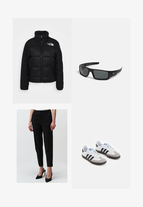 Black puffer jacket made of quilted fabric, featuring a high collar, front zipper, and zippered pockets. Logo displayed on the left shoulder.; Two long-sleeve tops: one black and one white. Both feature a round neckline and a smooth, ribbed texture. Brand label visible inside neckline.; Black tapered trousers made of cotton, featuring front pockets, a button closure, and a smooth texture, paired with pointed black heels.; Sport shoes with a white leather upper, gray suede toe, and three black stripes. Features a blue logo on the tongue and a textured rubber sole.; Black sunglasses with a rectangular frame, dark gray lenses, and smooth plastic finish. Notable logo accent on the side.; Black nylon shoulder bag with a curved shape, silver chain accent, detachable mini pouch, and adjustable strap; features "Steve Madden" logo.